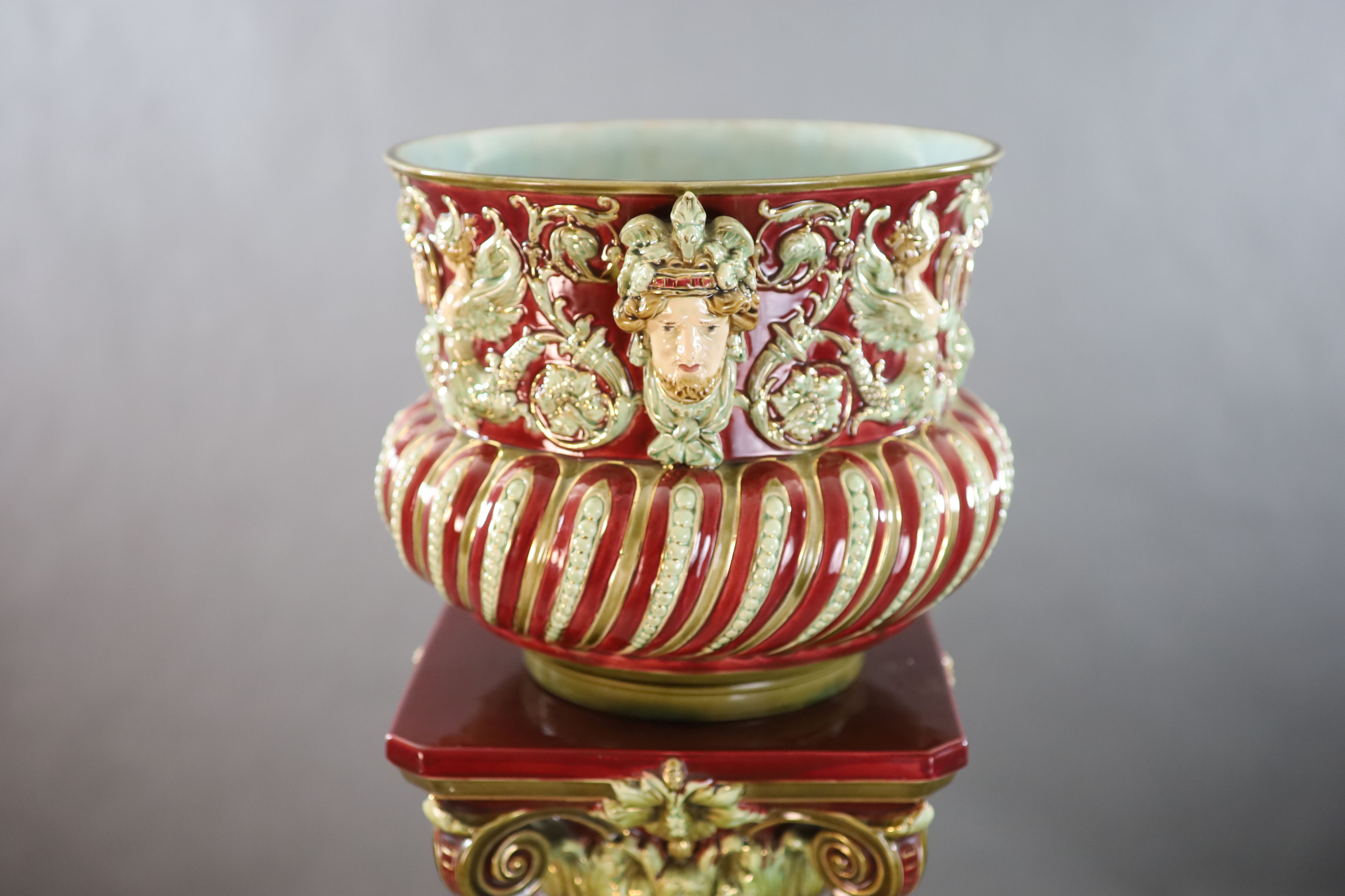 A Continental Baroque revival polychrome earthenware jardiniere and pedestal, c.1905, total height 149.5cm